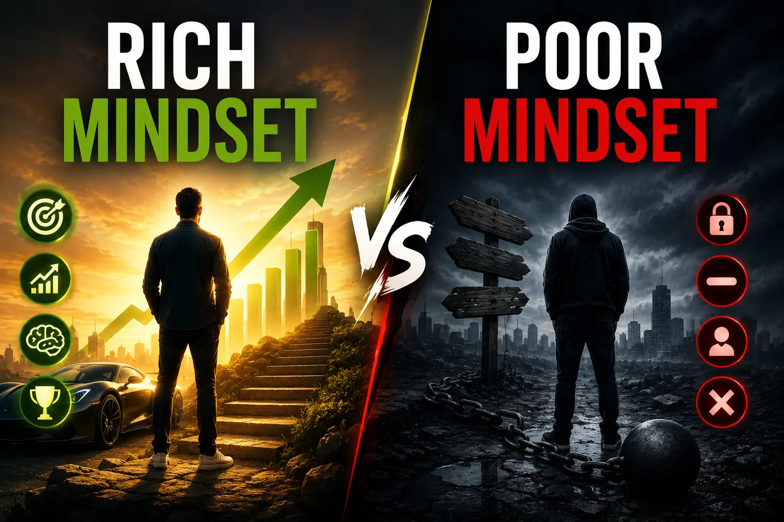 Rich thinking vs poor thinking illustration